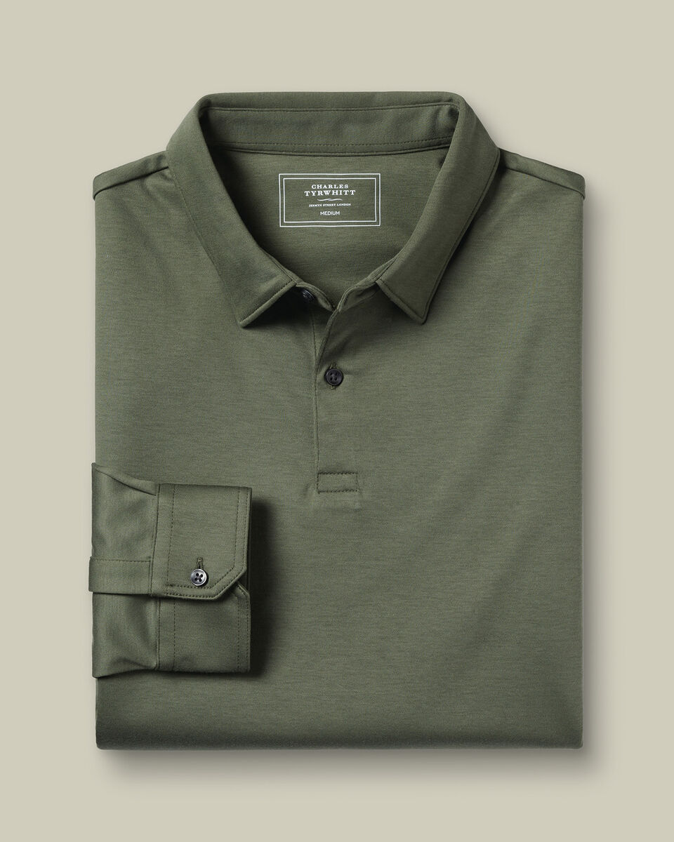 Long Sleeve Smart Cotton Polo - Olive Green