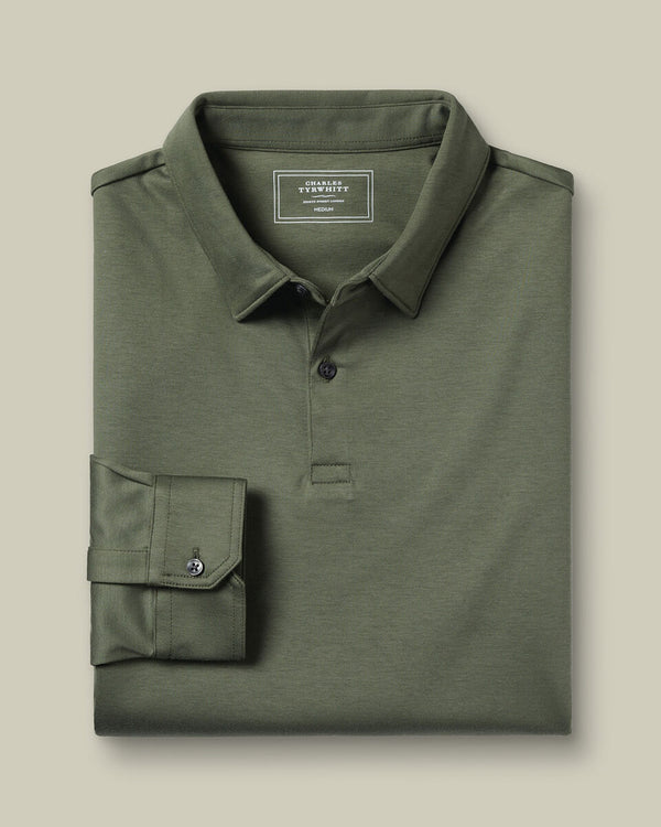 Long Sleeve Smart Cotton Polo - Olive Green