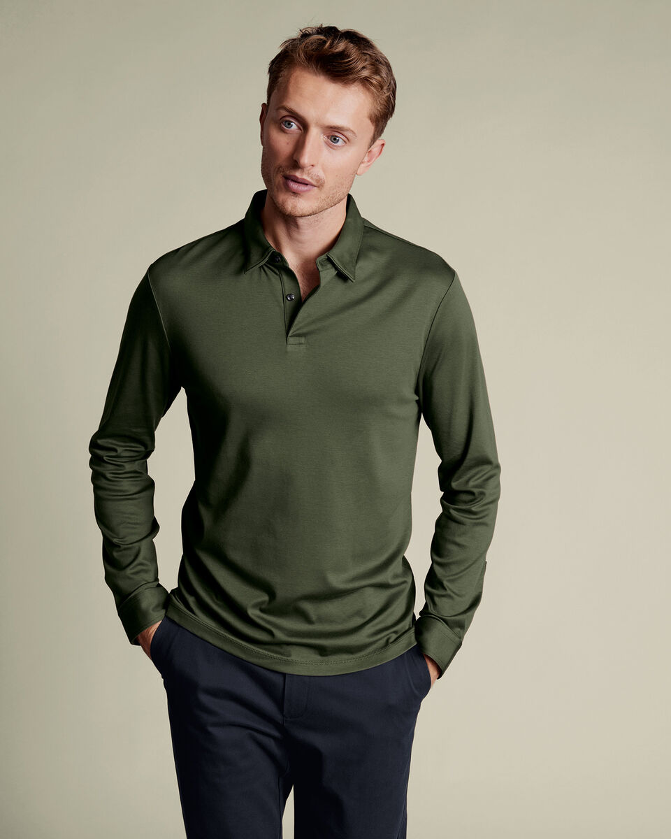 Long Sleeve Smart Cotton Polo - Olive Green Main image