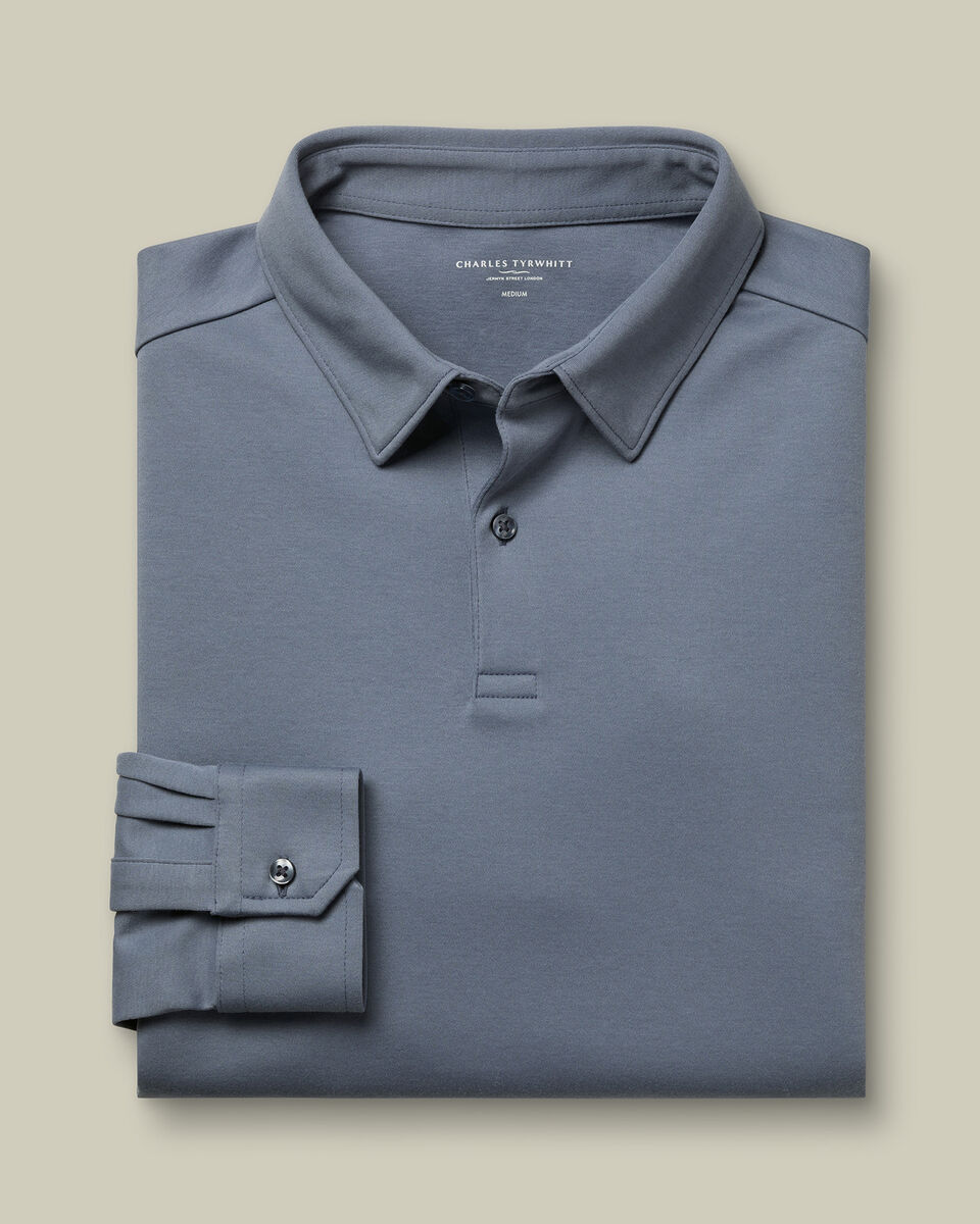 Long Sleeve Smart Cotton Polo - Steel Blue