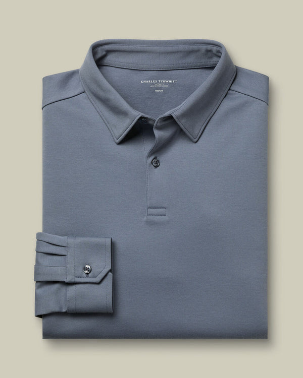 Long Sleeve Smart Cotton Polo - Steel Blue