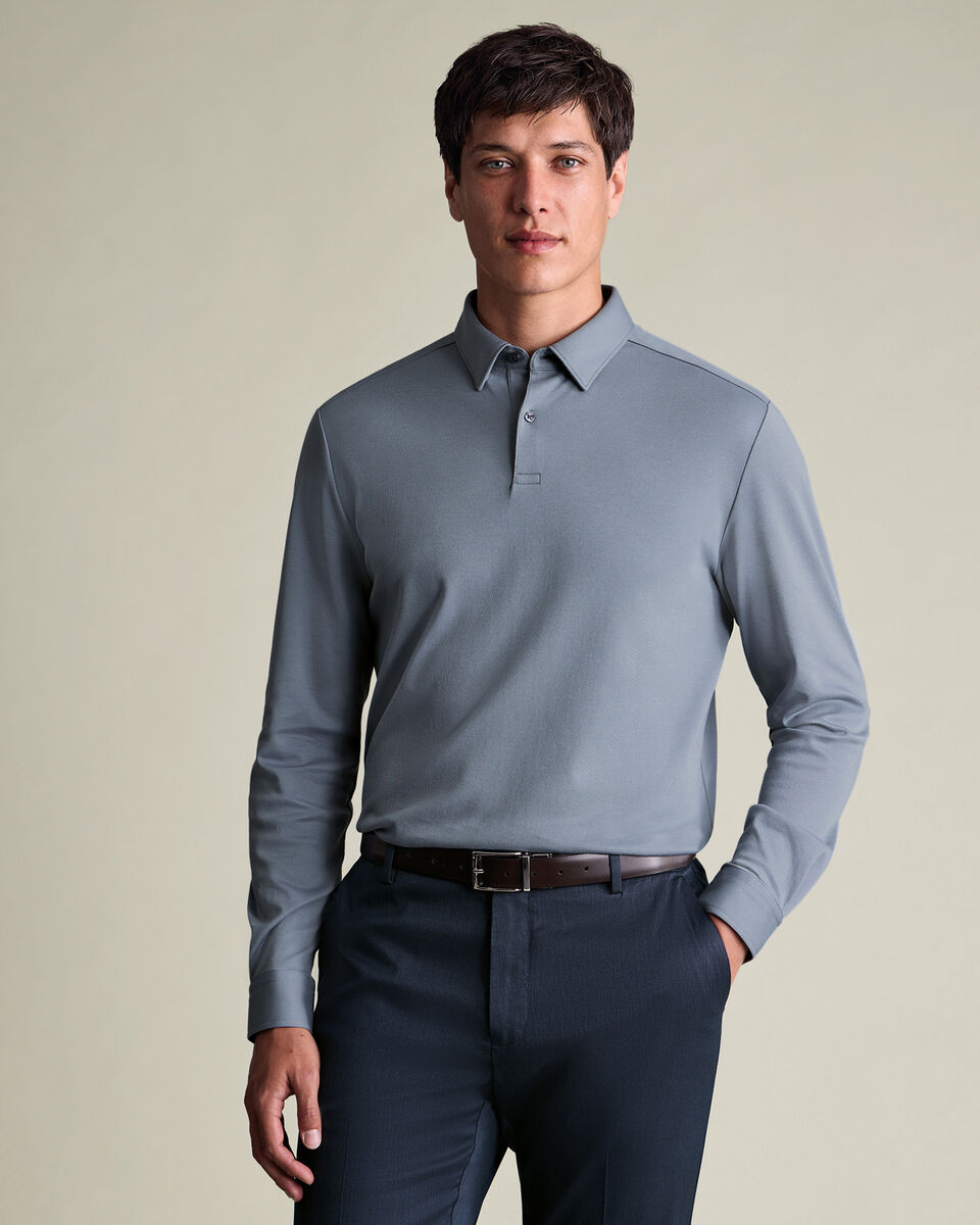 Long Sleeve Smart Cotton Polo - Steel Blue