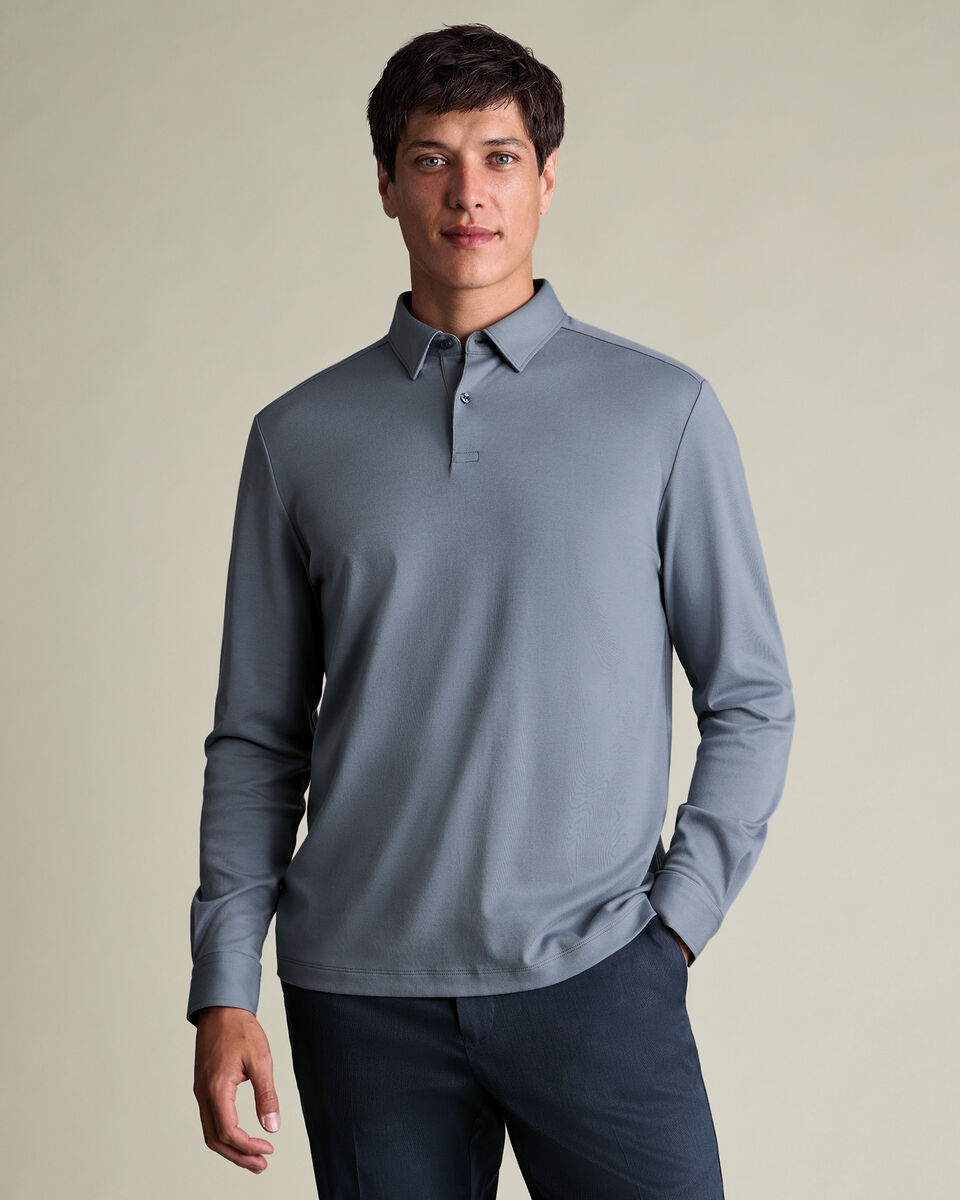 Long Sleeve Smart Cotton Polo - Steel Blue