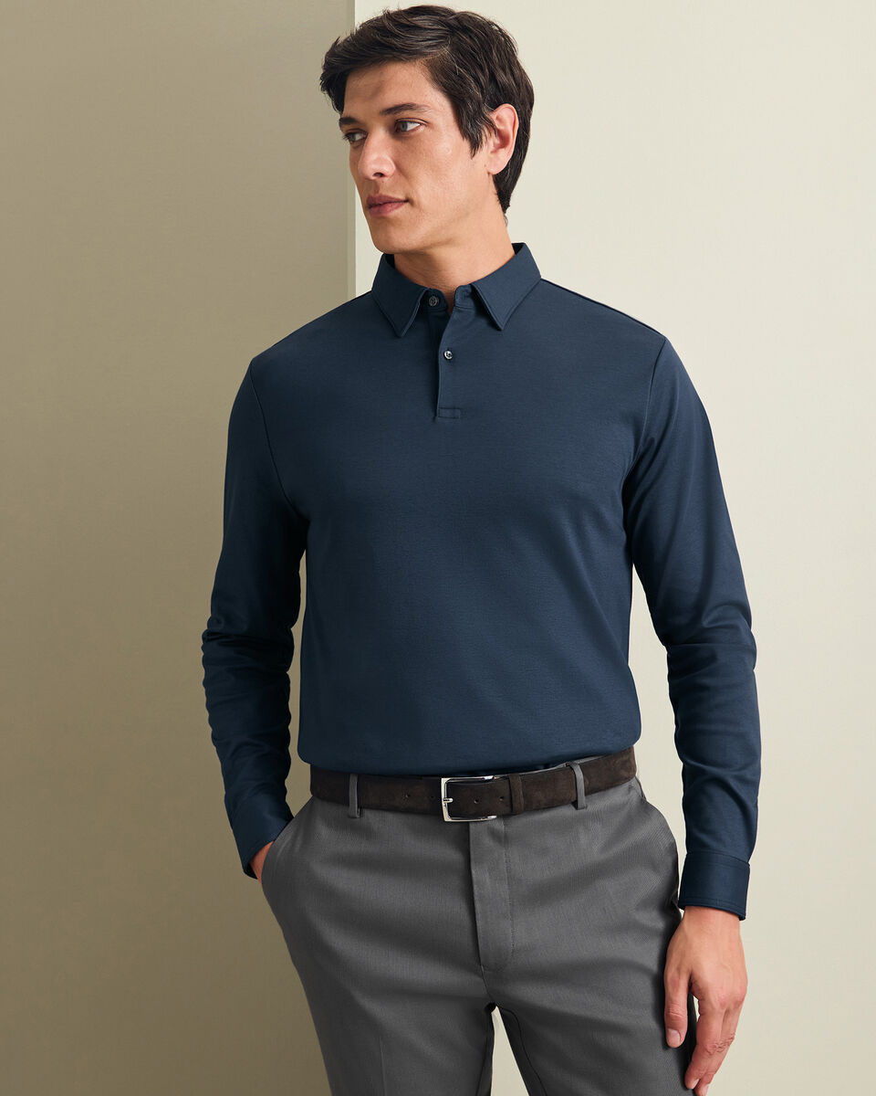 Long Sleeve Smart Cotton Polo - Petrol Blue Main image