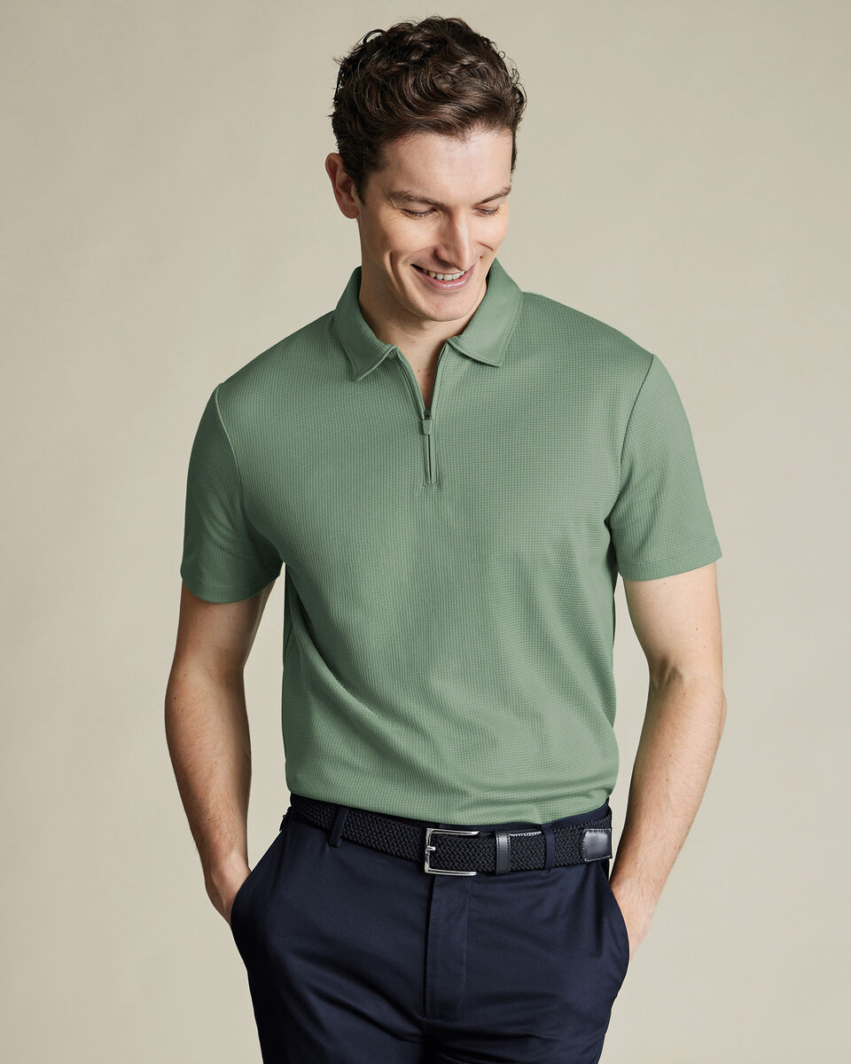 Performance Textured Zip-Neck Polo - Green Main image