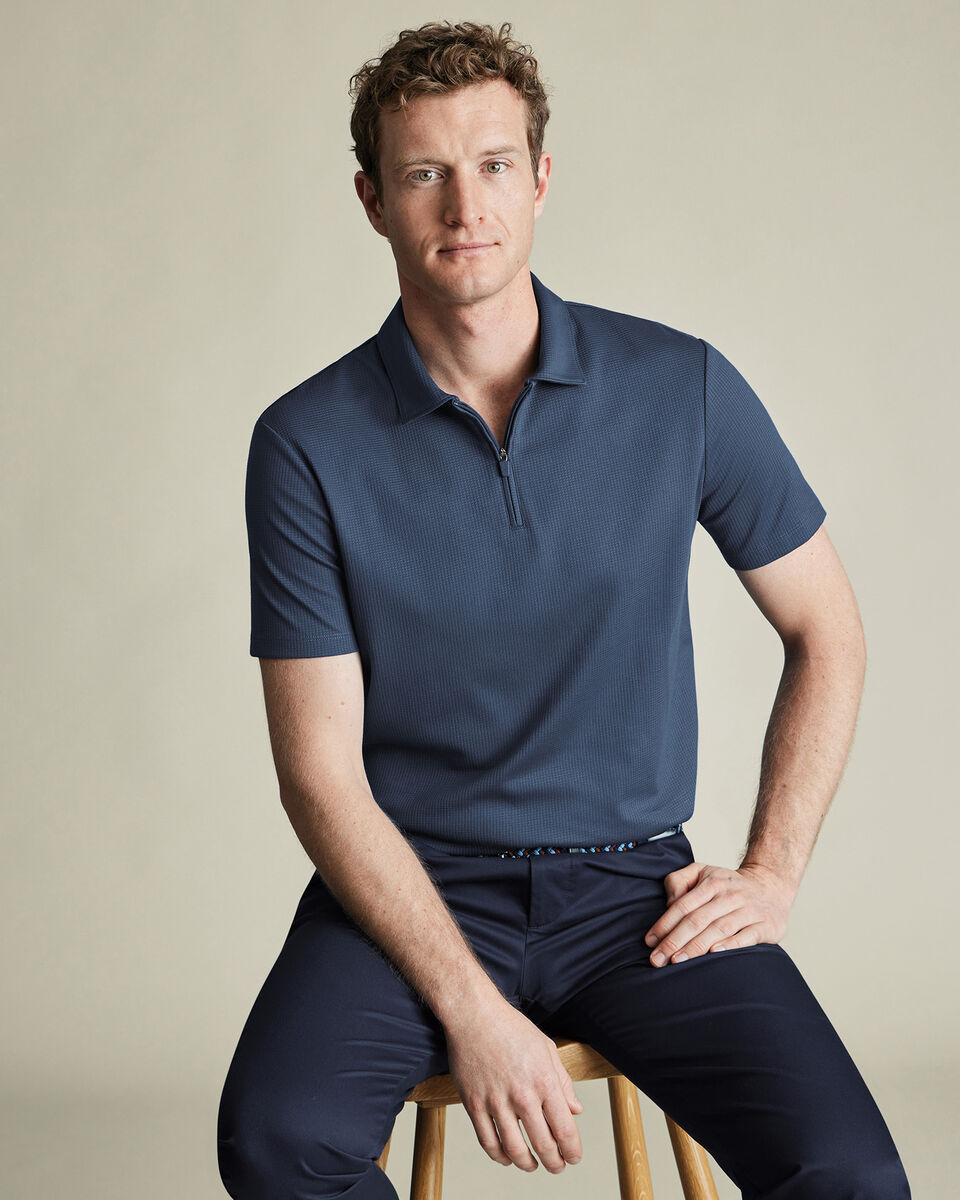 Performance Textured Zip-Neck Polo - Airforce Blue Main image