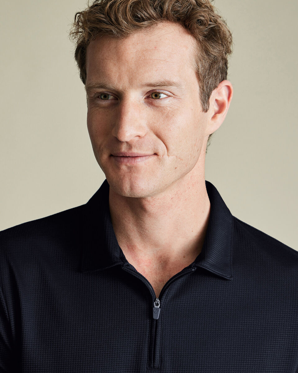 Performance Textured Zip-Neck Polo - Navy