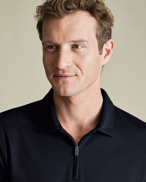 Performance Textured Zip-Neck Polo - Navy
