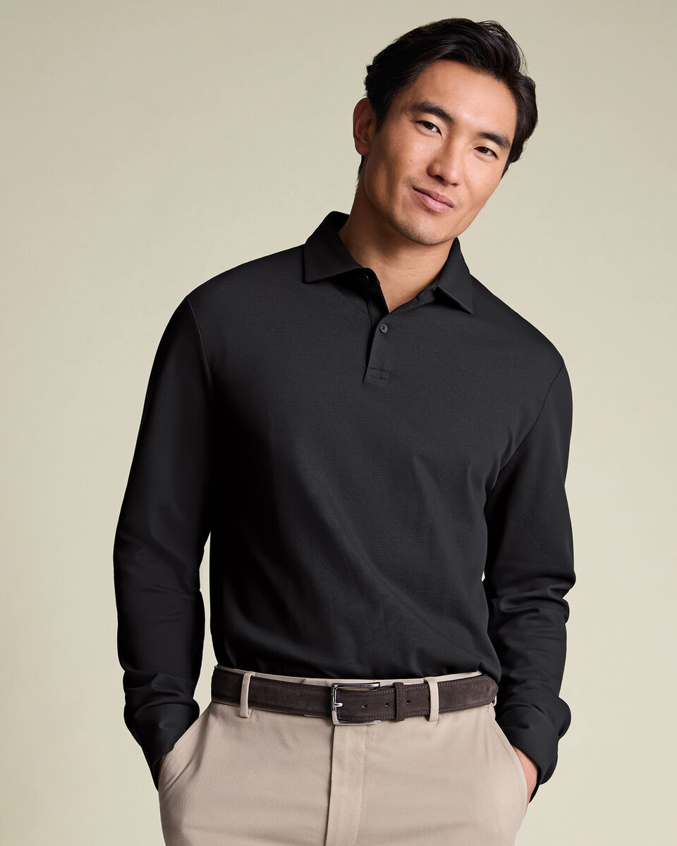 Long Sleeve Smart Pique Polo - Black Main image