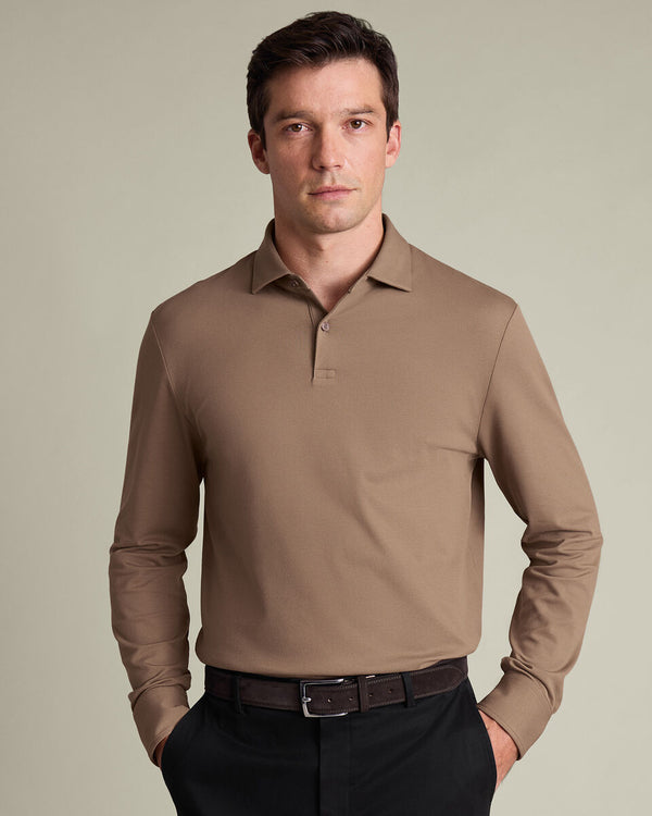 Long Sleeve Smart Pique Polo - Camel
