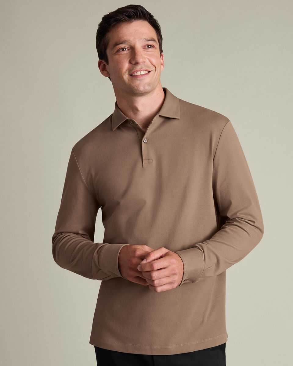 Long Sleeve Smart Pique Polo - Camel