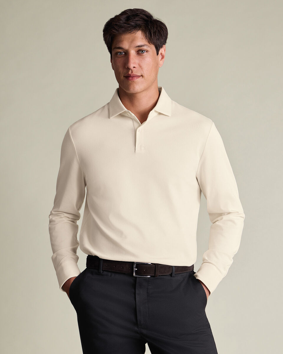 Long Sleeve Smart Pique Polo - Cream Main image