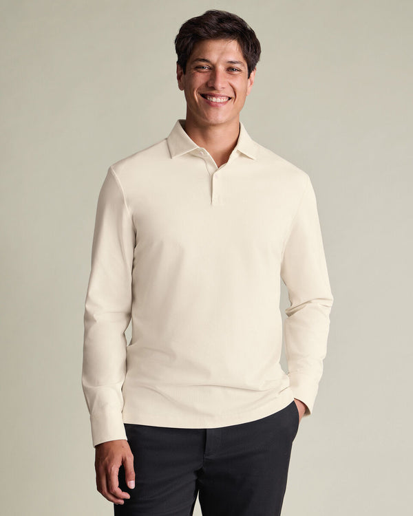 Long Sleeve Smart Pique Polo - Cream
