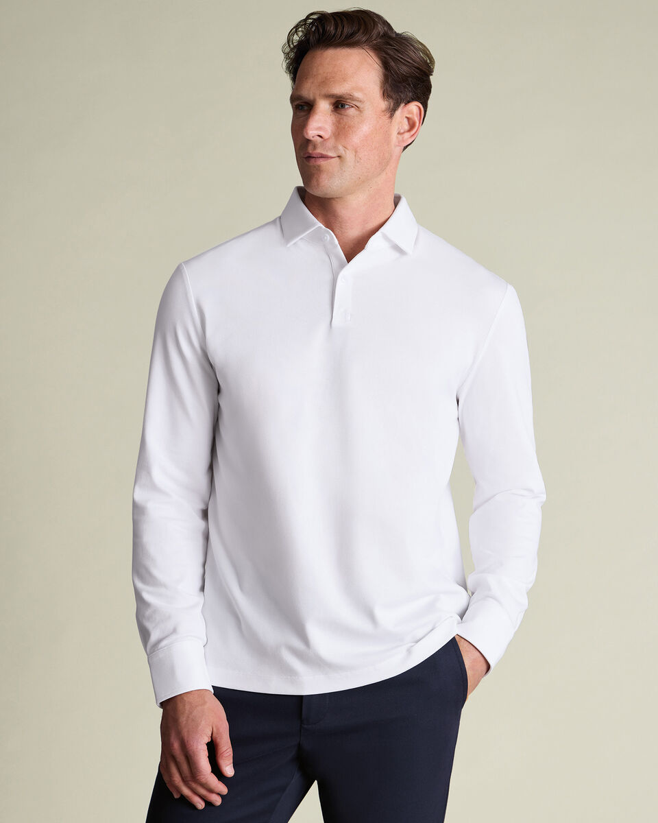 Long Sleeve Smart Pique Polo - White