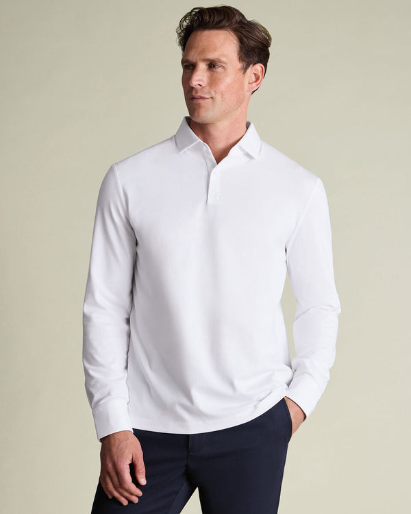 Long Sleeve Smart Pique Polo - White