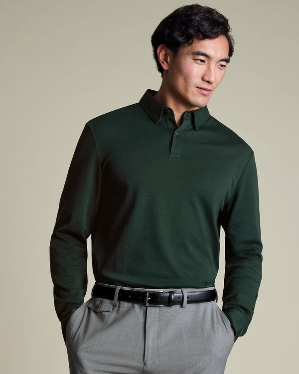Long Sleeve Smart Cotton Polo - Forest Green