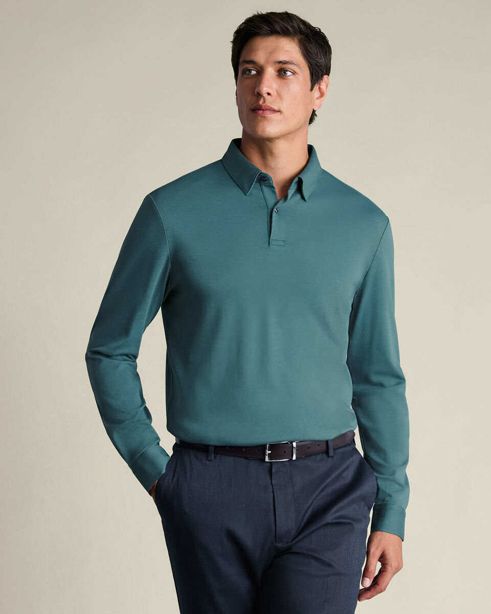 Long Sleeve Smart Cotton Polo – Teal Green Main image