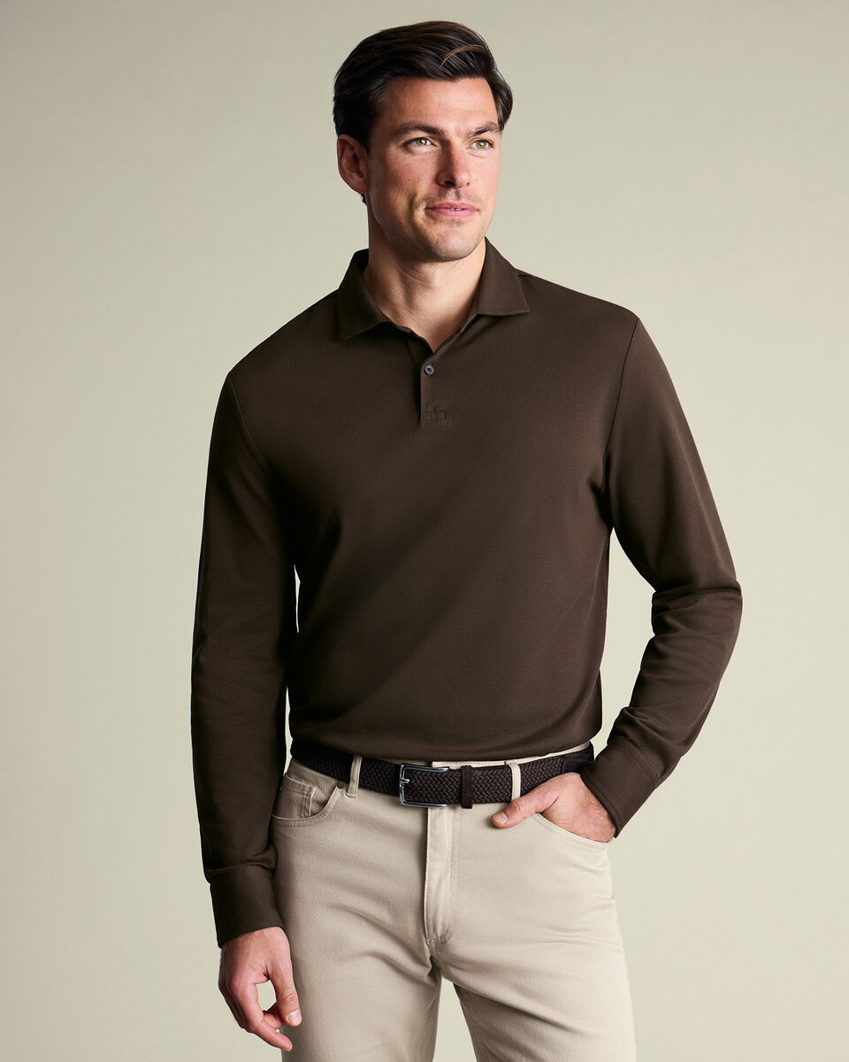 Long Sleeve Smart Pique Polo – Chocolate Brown Main image