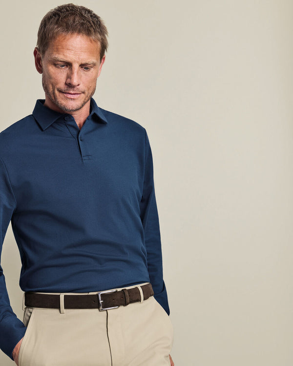 Long Sleeve Smart Pique Polo - Petrol Blue