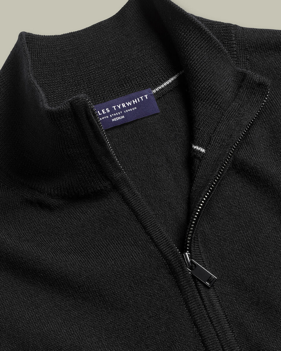 Pure Merino Full Zip Through Cardigan - Black