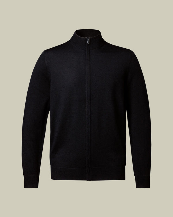 Pure Merino Full Zip Through Cardigan - Black