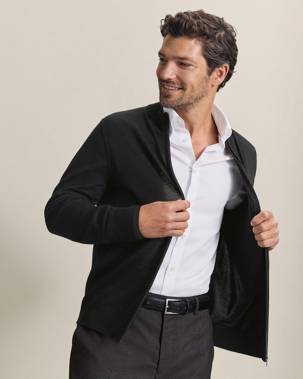 Pure Merino Full Zip Through Cardigan - Black