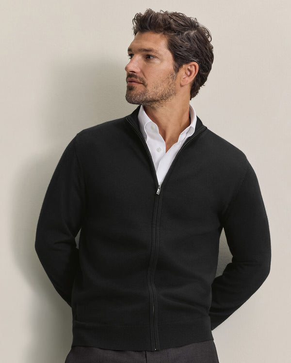 Pure Merino Full Zip Through Cardigan - Black