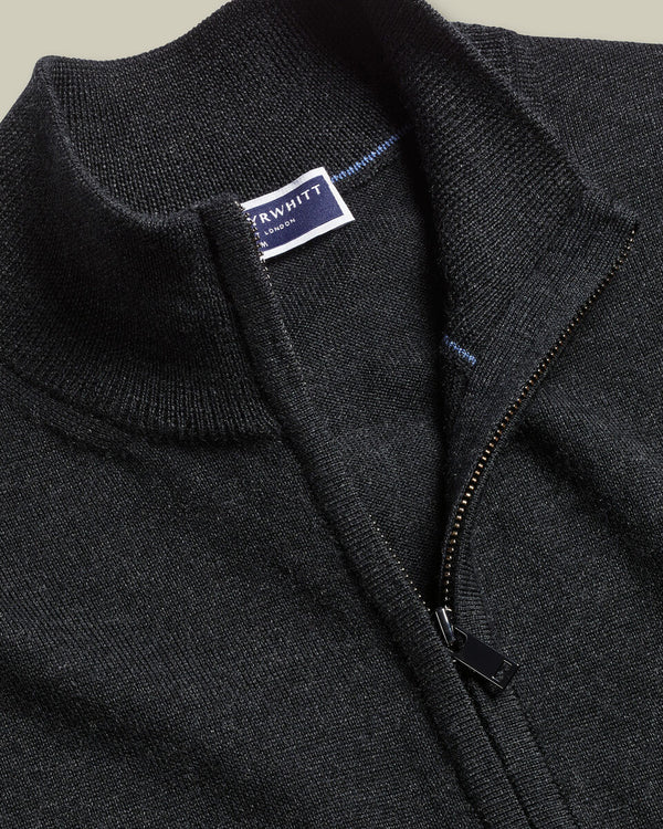 Pure Merino Full Zip-Through Cardigan - Charcoal Gray