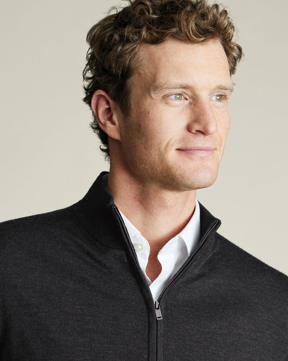 Pure Merino Full Zip-Through Cardigan - Charcoal Gray