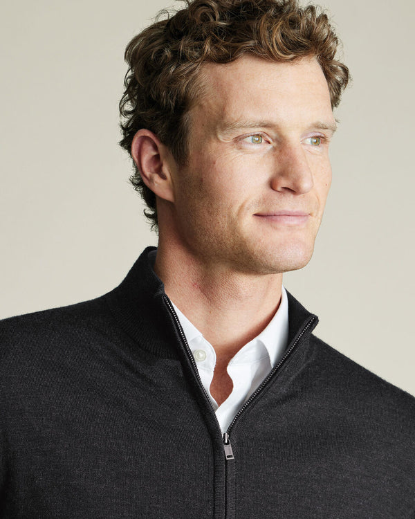 Pure Merino Full Zip-Through Cardigan - Charcoal Gray