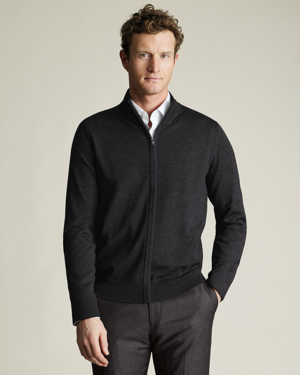 Pure Merino Full Zip-Through Cardigan - Charcoal Gray