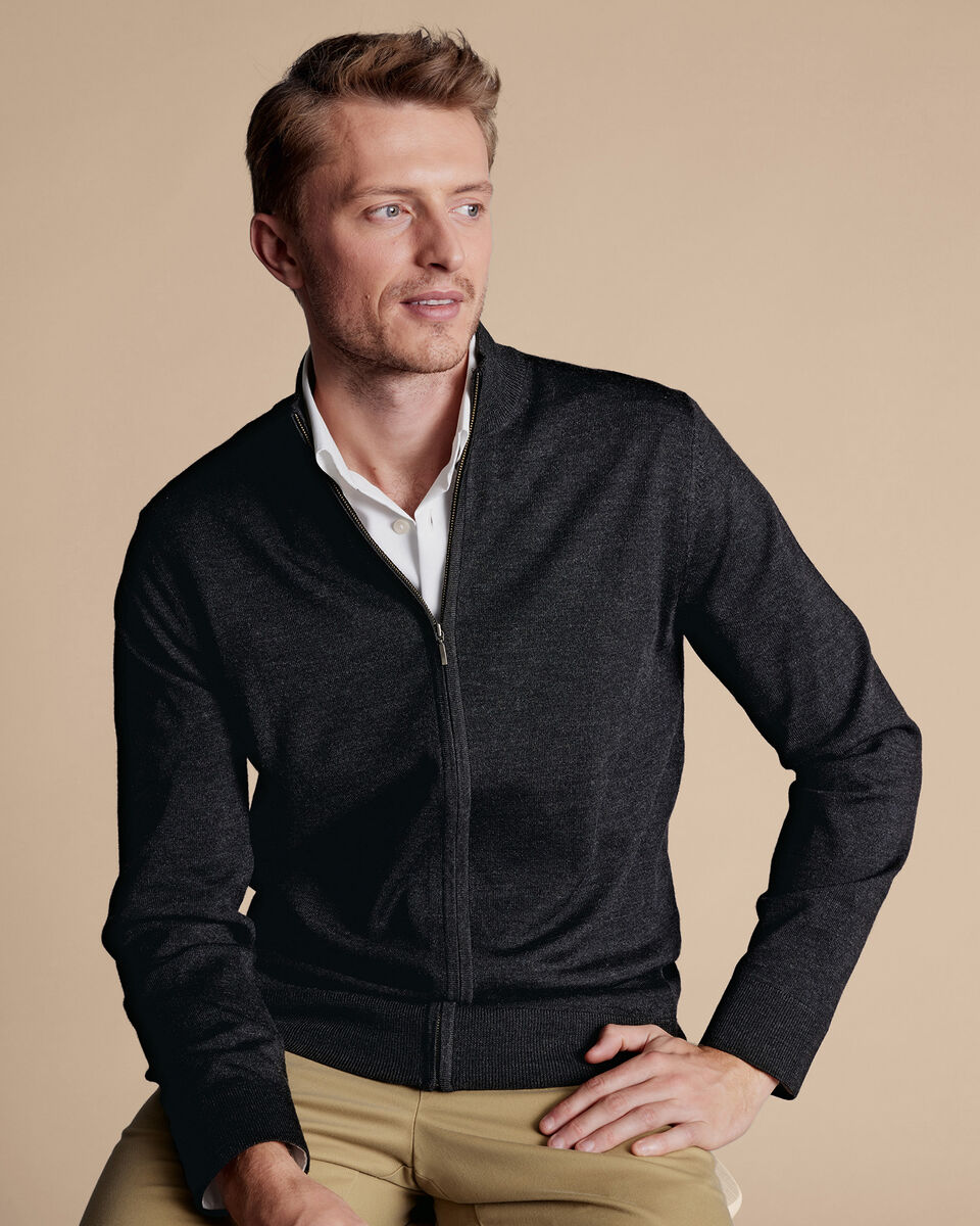 Pure Merino Full Zip-Through Cardigan - Charcoal Gray