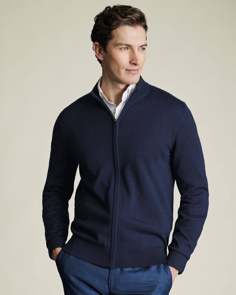 Pure Merino Full Zip-Through Cardigan - Navy Main image