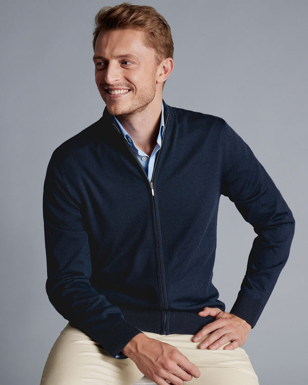Pure Merino Full Zip-Through Cardigan - Navy