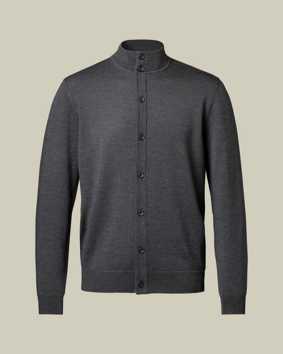 Pure Merino Button Through Funnel Neck Cardigan - Gray