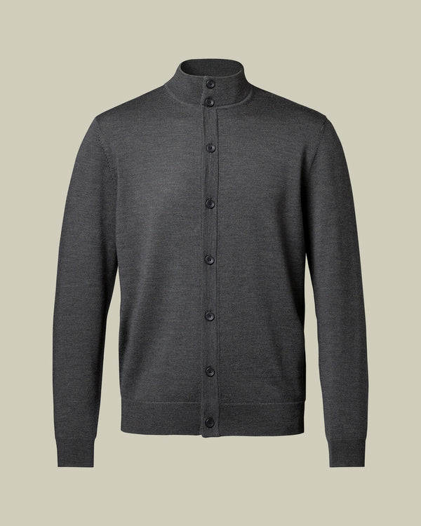 Pure Merino Button Through Funnel Neck Cardigan - Gray