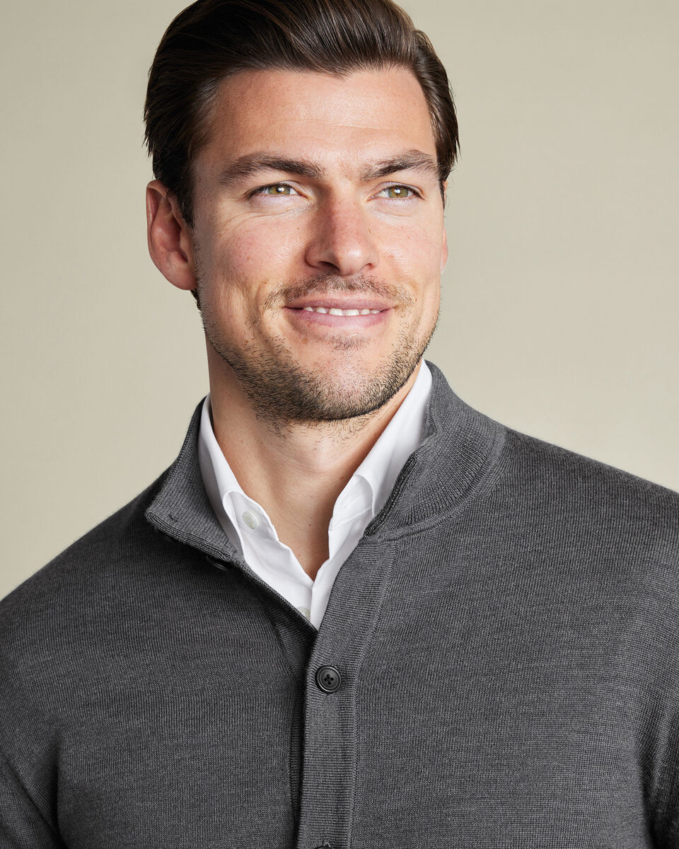 Pure Merino Button Through Funnel Neck Cardigan - Gray