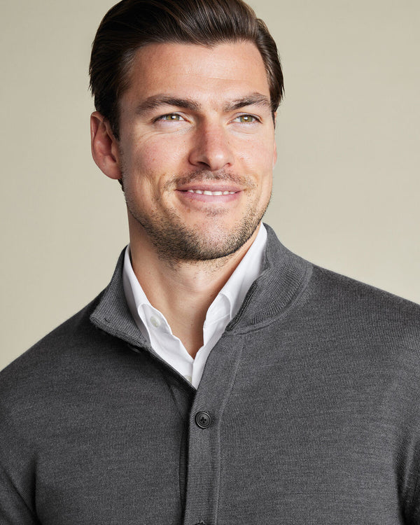Pure Merino Button Through Funnel Neck Cardigan - Gray