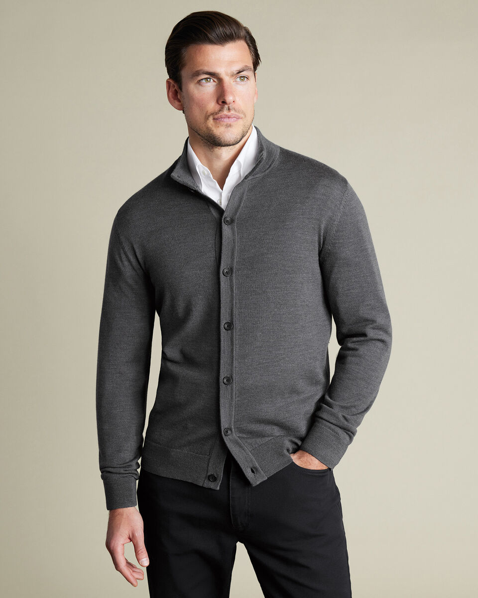 Pure Merino Button Through Funnel Neck Cardigan - Gray