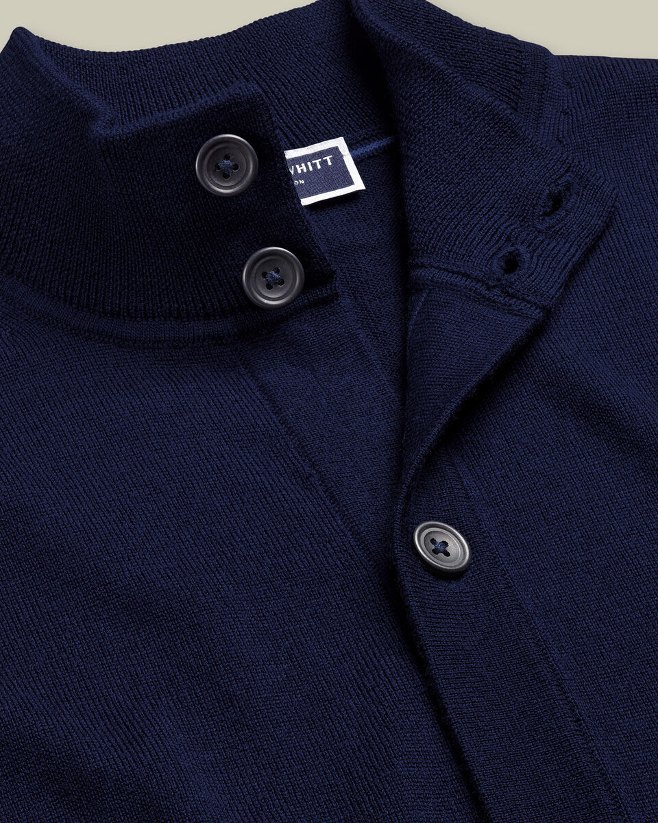 Pure Merino Button Through Funnel Neck Cardigan - Navy