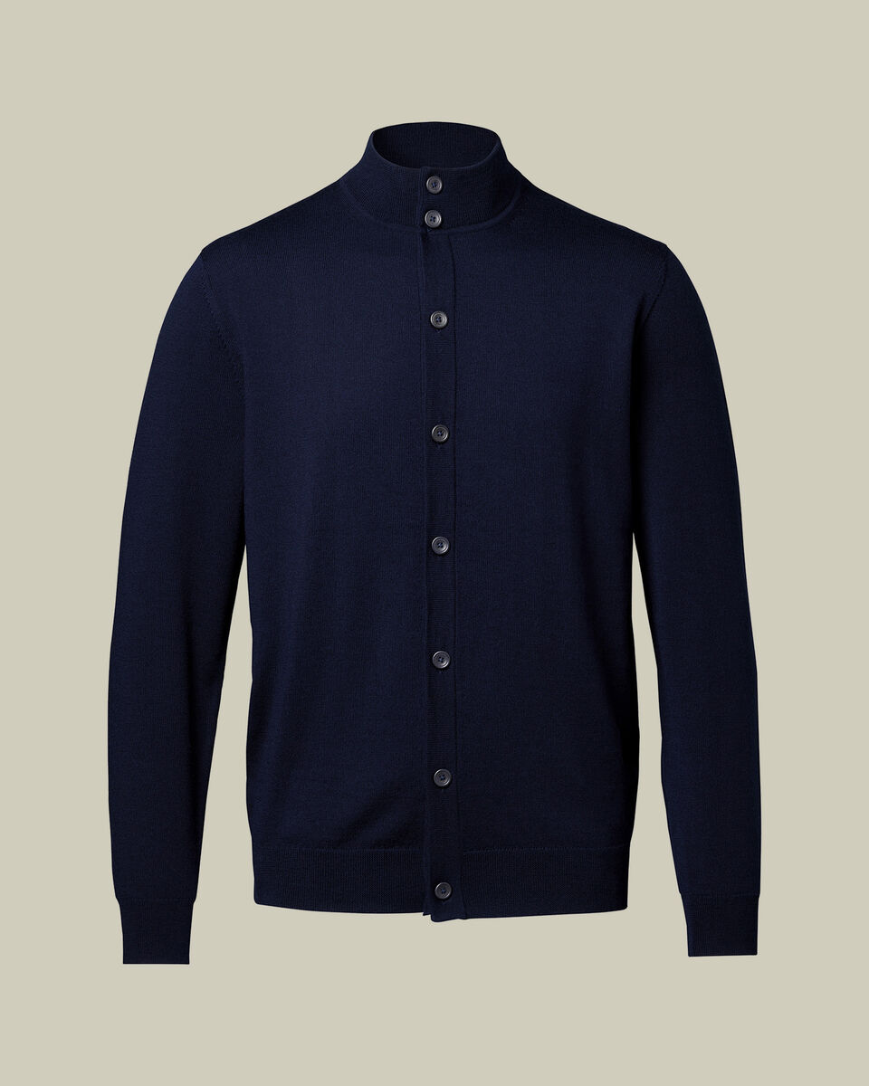 Pure Merino Button Through Funnel Neck Cardigan - Navy