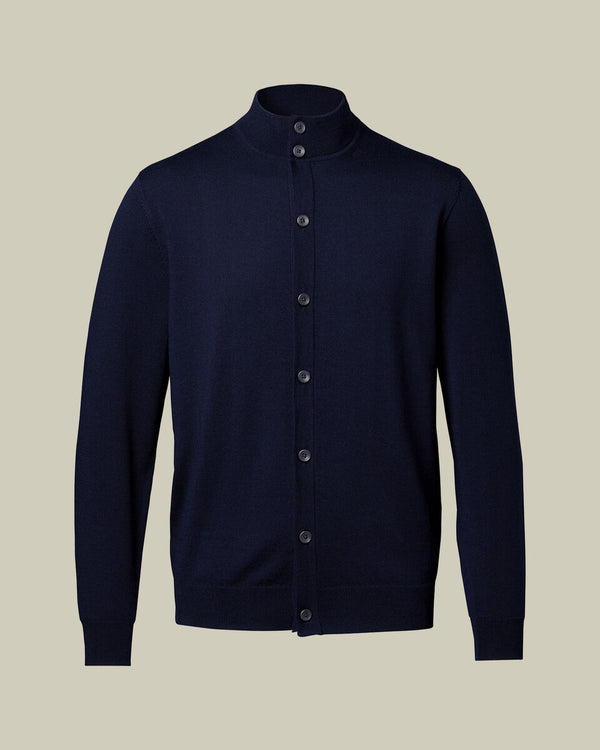 Pure Merino Button Through Funnel Neck Cardigan - Navy