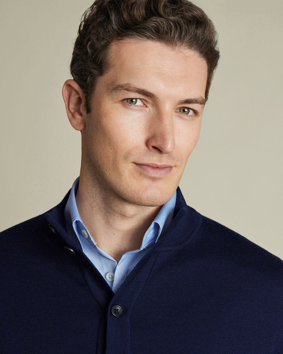 Pure Merino Button Through Funnel Neck Cardigan - Navy