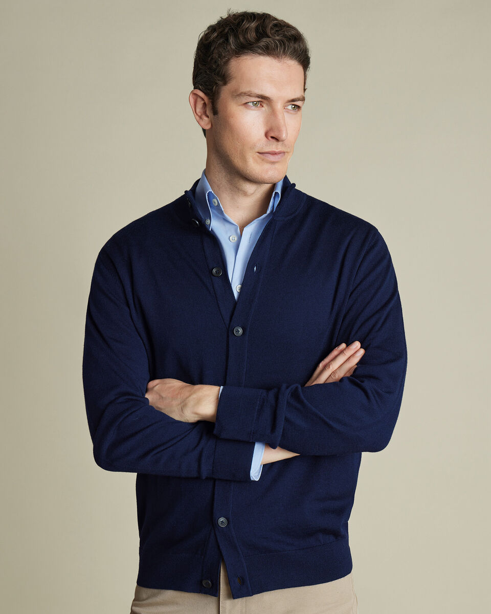 Pure Merino Button Through Funnel Neck Cardigan - Navy