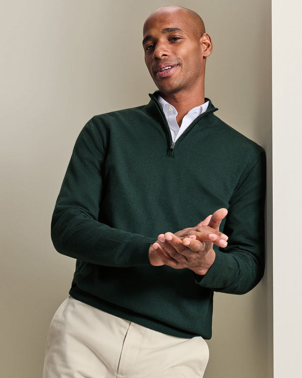 Pure Merino Quarter Zip Sweater - Forest Green