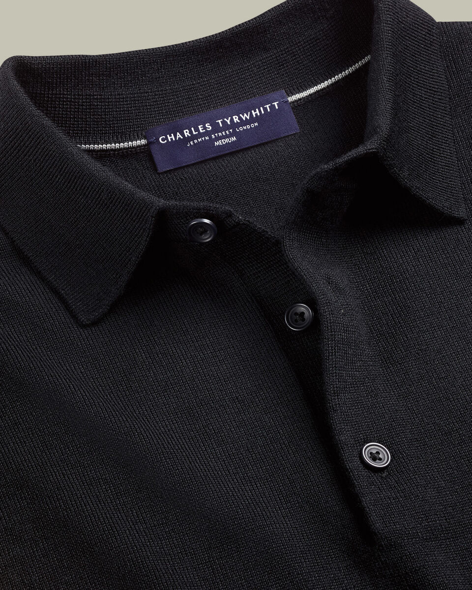 Pure Merino Wool Button Neck Polo - Black Secondary image