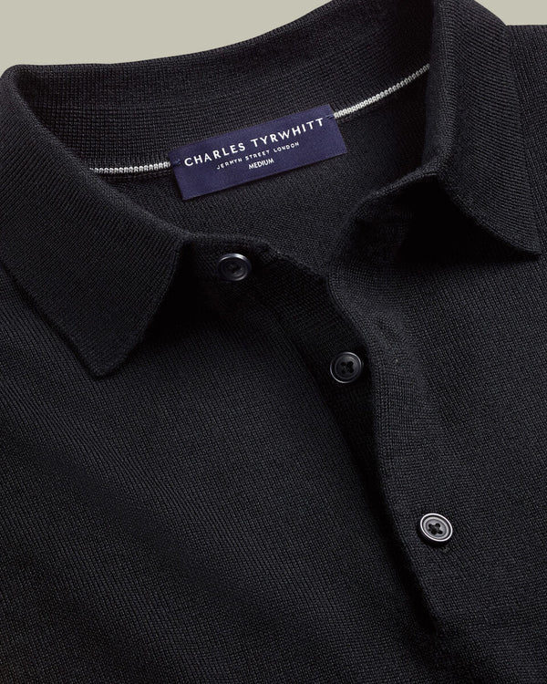 Pure Merino Wool Button Neck Polo - Black