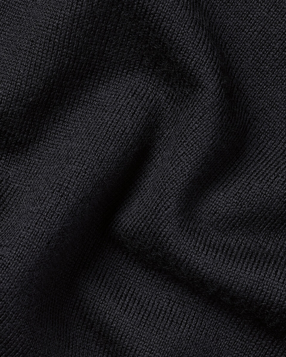 Pure Merino Wool Button Neck Polo - Black