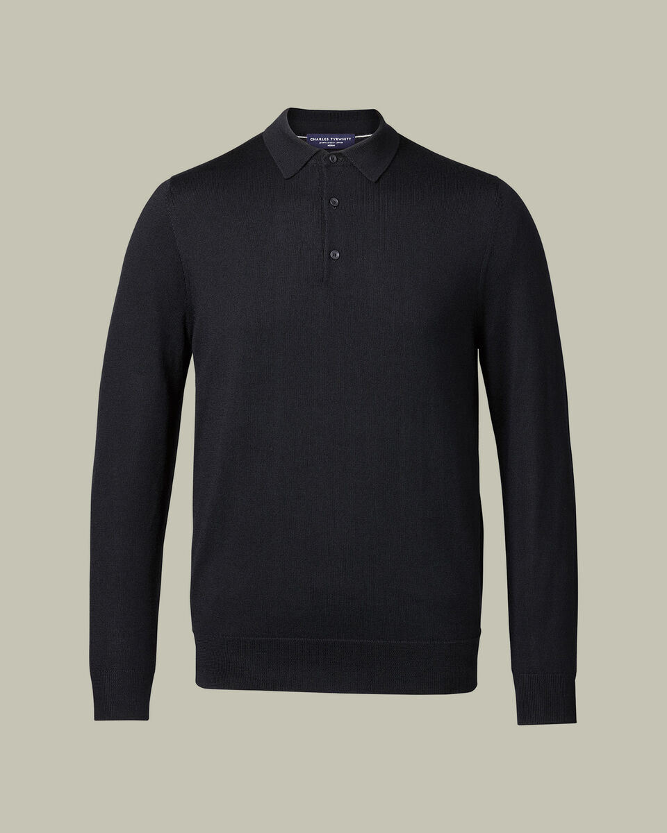 Pure Merino Wool Button Neck Polo - Black