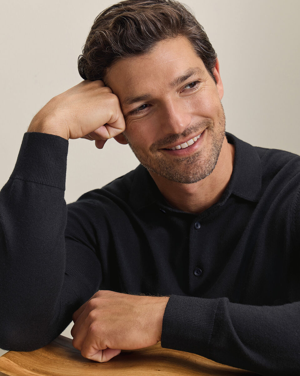 Pure Merino Wool Button Neck Polo - Black